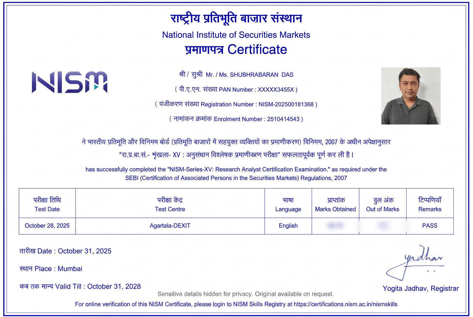 NISM-Series-XV: Research Analyst Certification issued by National Institute of Securities Markets