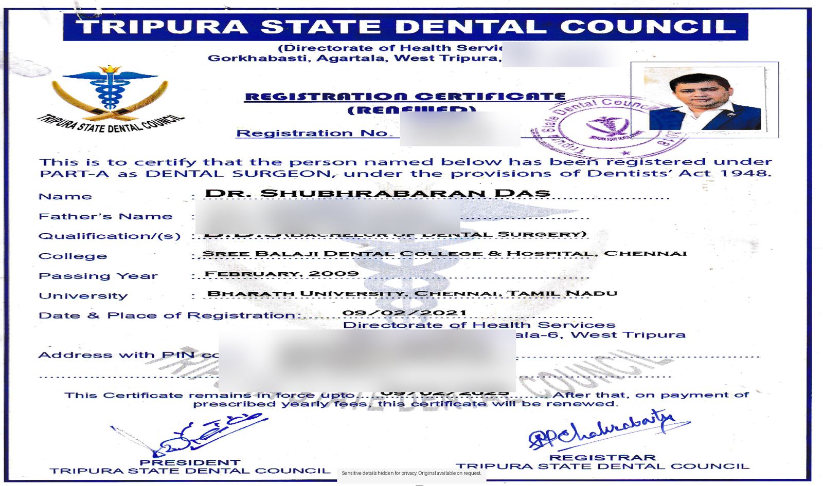 Registration Certificate – Dental Surgeon issued by Tripura State Dental Council