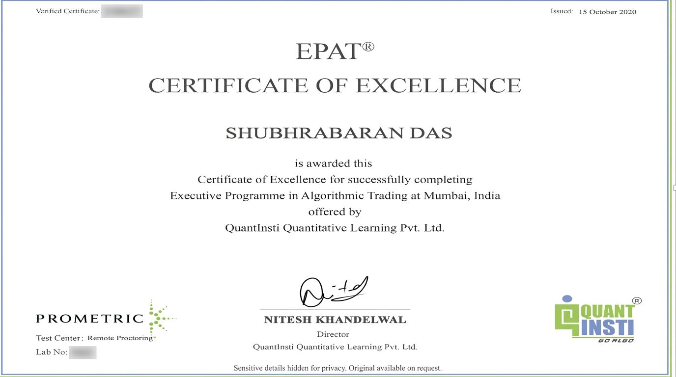 EPAT® Certificate of Excellence issued by QuantInsti Quantitative Learning Pvt. Ltd.